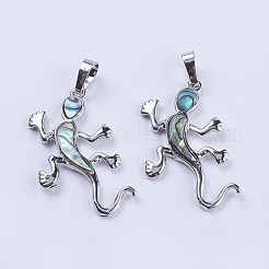 アワビの殻/パウア殻のペンダント  プラチナ調の真鍮製のベール  ヤモリ  36x21x2.5mm  穴：5x8mm&nbsp;SSHEL-L008-08P