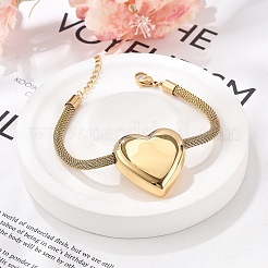 304ステンレススチールハートリンクブレスレット  女性用メッシュチェーンジュエリー  18KGP本金メッキ  7-1/2インチ（19cm）&nbsp;BJEW-C089-12G