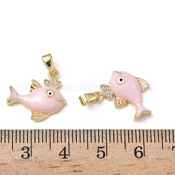 真鍮製マイクロパヴェキュービックジルコニアペンダント  エナメル  魚のチャーム  18KGP本金メッキ  ピンク  16x16.5x4.3mm  穴：4x2.5mm&nbsp;KK-F924-19A-G01