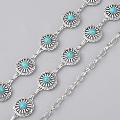シンセティック ターコイズ フラワー リンク チェーン ベルト  女性用合金ウエストチェーン  アンティークシルバー＆プラチナ  23-3/8インチ（59.5cm）&nbsp;AJEW-WH0258-427