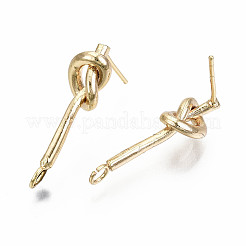 真鍮製スタッドピアスパーツ  カン付き  ニッケルフリー  結び目  18KGP本金メッキ  23x6.5mm  穴：2.5mm  ピン：0.7mm&nbsp;X-KK-S360-009-NF