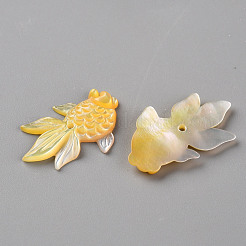 左と右の天然イエローシェルビーズ  金魚  ゴールド  14x23.5x2.5mm  穴：1mm&nbsp;SSHEL-Q311-001