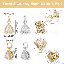 12個2色真鍮クリアキュービックジルコニアペンダント  長持ちメッキ  三角形  ミックスカラー  10x9x5.5mm  穴：3.4mm  6個/カラー&nbsp;ZIRC-FH0001-13