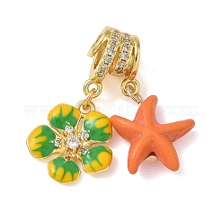真鍮マイクロパヴェクリアキュービックジルコニアペンダント  花とヒトデのチャーム  エナメル樹脂  カドミウムフリー＆鉛フリー  長持ちメッキ  ラックめっき  ミックスカラー  29mm  穴：3mmと4mm&nbsp;KK-CBA74BF-14G