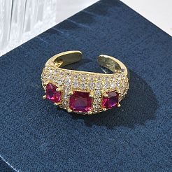 女性用真鍮マイクロパヴェキュービックジルコニアカフオープンリング  長持ちメッキ  ラックめっき  18KGP本金メッキ  濃いピンク  12.5mm  usサイズ8 1/2(18.5mm)&nbsp;RJEW-L343-13G-06