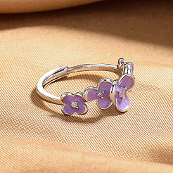 女性のための調節可能な真鍮の指輪  花  プラチナ  紫色のメディア  15~20mm&nbsp;WG52EDD-01