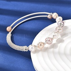 真鍮ワイヤーで巻かれた天然真珠のカフバングル（女性用）  ラウンド  銀  内径：2.24インチ（5.7cm）&nbsp;BJEW-D453-05S