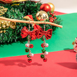 クリスマステーマの合金樹脂製ダングルイヤリング  ガラスのイヤリング付き  プラチナ  蝶結び  95x37.5mm&nbsp;FS-WG67CC3-02