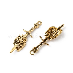 合金のチベット風チャーム  ハートチャーム付きスカルソード  アンティーク黄金  49x13.5x7mm  穴：2.2mm&nbsp;PALLOY-B011-02AG