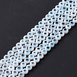 手作りランプワークビーズ  ナザールボンジュウ付きフラットラウンド  ホワイト  4.5x2.5mm  穴：0.6mm  約90~100個/連  15.35''~15.75''（39~40センチメートル）&nbsp;LAMP-P056-01B