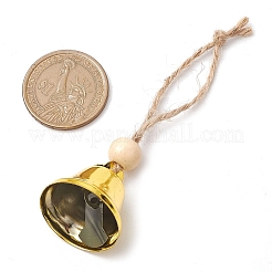 鉄の鐘のペンダントの装飾  家のドアに吊るす飾り用の木製ビーズとジュートコード  ゴールド  88~94mm&nbsp;HJEW-JM02489-03