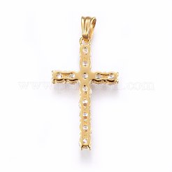 304ステンレスペンダント  キュービックジルコニア付き  クロス  透明  ゴールドカラー  38x22x4mm  穴：5x7mm&nbsp;STAS-E439-77G