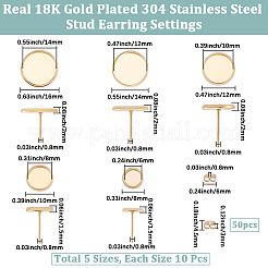 50個 5スタイル 304ステンレススチールスタッドピアス金具  カボションのセッティング  50個のイヤーナット付き  フラットラウンド  18KGP本金メッキ  トレイ：6~14mm  8~16x1.5~2mm  ピン：0.8mm  10個/スタイル&nbsp;STAS-BBC0009-96