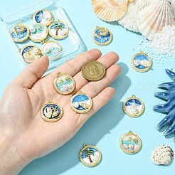 14個7スタイル亜鉛合金エナメルペンダント  ABSプラスチックイミテーションパールとシェル付き  フラットラウンド  ミックスカラー  27.5~28x24~24.5x5~9.5mm  穴：1.8mm  2個/スタイル&nbsp;FIND-CJ0004-63