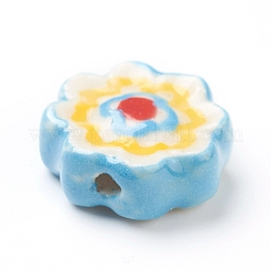 手作りの磁器の花のビーズ  ブルー  16~17x16~17x6~6.5mm  穴：2mm  約20個/連  12.99インチ（33cm）&nbsp;PORC-J008-04A