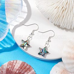 天然アワビ貝/パウア貝のダングルイヤリング  鉄のピアスフックで見つける  スター/ムーン  銀  34~36.5x11~13mm  2のペア/セット&nbsp;EJEW-JE05915