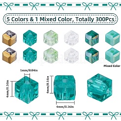 300個6色電気メッキガラスビーズ  ABカラーメッキ  多面カット  キューブ  ミックスカラー  4x4x4mm  穴：1mm  50個/カラー&nbsp;EGLA-SC0001-36A