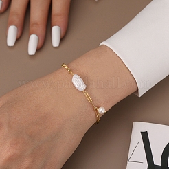 925スターリングシルバーチャームブレスレット  女性用ペーパークリップ＆アズキチェーンブレスレット  天然淡水パール  14KGP本金メッキ  7-1/8インチ（18.2cm）&nbsp;BJEW-D343-02G
