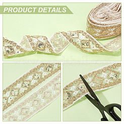 ポリエステル菱形刺繍レーストリム  スパンコール入り  衣類用アクセサリー  ホワイト  1-3/4インチ（45mm）&nbsp;OCOR-WH0090-84B