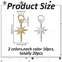 20個2色真鍮ペンダント  丸カン付き  北極星  プラチナ·ゴールデン  17x9.7x2.5mm  穴：3.4mm  10個/カラー&nbsp;KK-HY0004-13