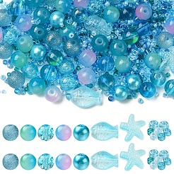 ガラスビーズ66g  ラウンド＆ヒトデ＆フィッシュ＆ロンデル  混合スタイル  空色  2~14x2~10x1~8.5mm  穴：0.8~1.5mm&nbsp;GLAA-FS0002-03C
