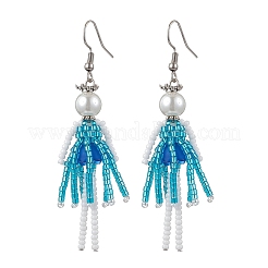 手作りのガラスシードビーズのダングルイヤリング  ガラス模造パール入り  人間  アンティークシルバー＆プラチナ  ディープスカイブルー  75x16mm&nbsp;EJEW-MZ00447-01