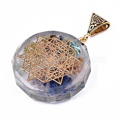 透明エポキシ樹脂錬金術ペンダント  天然宝石チップ付き  金フォイル  ダビデの星とフラットラウンド  カラフル  39.5x35.5x10.5~11.5mm  穴：5x9mm&nbsp;RESI-T049-06