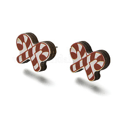 クリスマスプリントの木製スタッドピアス（女性用）  316ステンレスピン付き  プラチナ  蝶結び  11x15mm  ピン：0.6mm&nbsp;EJEW-U025-01B