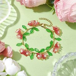 フラワーガラス＆アクリルチャームブレスレット  女性用真鍮リンクバーチェーンブレスレット  ライトコーラル  7-1/8インチ（18cm）&nbsp;BJEW-JB10443-03