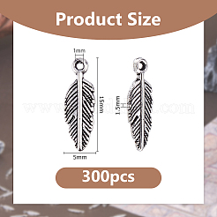 チベット風アロイペンダント300個  フェザーチャーム  アンティークシルバー  15x5x1.5mm  穴：1mm&nbsp;TIBEP-DC0001-53