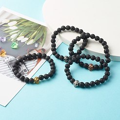 天然溶岩ロックラウンドビーズストレッチブレスレット  スカルチベットスタイルの合金ビーズブレスレット  男性女性への抗うつ病と不安緩和アイテムのギフト  ミックスカラー  内径：2-1/8インチ（5.5cm）&nbsp;BJEW-JB06832
