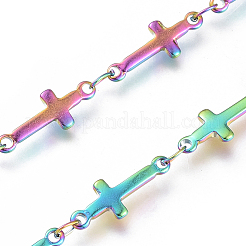 イオンプレーティング（IP）ハンドメイド304ステンレススチールリンクバーチェーン  ハンダ付け  スプールで  クロス  虹色  13x5x1.5mm  約32.8フィート（10m）/ロール&nbsp;STAS-G038-21M