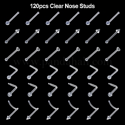 120 個 6 スタイルアクリル L 字型ノーズリング  鼻骨リング  彼女のためのピアスボディジュエリー  透明  8~11x5.5~11x2~3.5mm  ピン：0.7mm  20個/スタイル&nbsp;AJEW-YW0001-11A