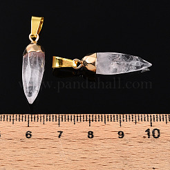 天然石クオーツクリスタルペンダント  金色の真鍮製の金具が付いた弾丸チャーム  多面カット  24.5~28.5x7~9mm  穴：7.5x3.5mm&nbsp;G-N345-01A