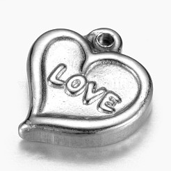 変色しない201ステンレススチールチャーム  単語「love」付けのハート  バレンタインデー  ステンレス鋼色  13x11.5x3mm  穴：1mm&nbsp;STAS-G073-15P