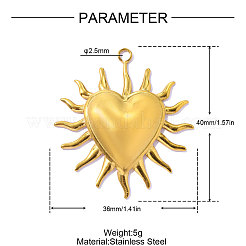 304ステンレスペンダント  太陽の光が散りばめられたハート型のチャーム  イオンプレーティング（ip）  鏡面研磨仕上げ  18KGP本金メッキ  40x36mm  穴：2.5mm&nbsp;STAS-OY015-95G