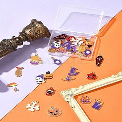 30個15スタイルアロイエナメルペンダント  ハロウィンモチーフ  ライトゴールド  混合図形  ミックスカラー  11~25.5x11~20x1.5~3mm  穴：1~1.8mm  2個/スタイル&nbsp;ENAM-FS0001-90