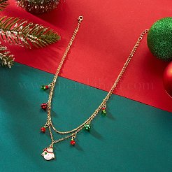 クリスマス合金エナメル＆ラインストーン＆ガラスペンダントビブネックレス  ゴールドカラー  赤と緑  雪だるま  14.96インチ（38cm）  ペンダント：22mm&nbsp;FS-WGCF3BB-04