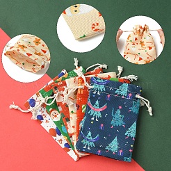 クリスマステーマの布プリント収納バッグ12個、6スタイル  巾着袋  長方形  ミックスカラー  14x10x0.4cm  2個/スタイル&nbsp;ABAG-FS0001-09