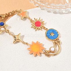 304ステンレススチール製エナメル加工のカラフルな星、太陽、月モチーフのリンクチェーンブレスレット（女性用）  プラスチック付き  ゴールドカラー  6.77インチ（17.2cm）&nbsp;SA-CBA7107-06G