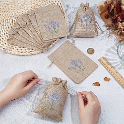 ラベンダープリントのリネンサシェ収納巾着バッグ  長方形  淡い茶色  15x10x0.45cm&nbsp;ABAG-WH0045-62D