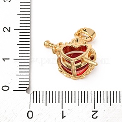 真鍮製マイクロパヴェキュービックジルコニアペンダント  ハートと剣のチャーム  ラックめっき  長持ちメッキ  鉛フリー＆カドミウムフリー  レッド  19x19x10mm  穴：5x3mm&nbsp;KK-F917-08G-01