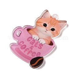 不透明なプリントアクリルパーツ  コーヒーカップと猫の形をしたチャーム  砂茶色  34.5x25x2mm  穴：1.6mm&nbsp;X-SACR-F017-04A