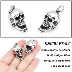 304ステンレススチールペンダント4個  スカル  アンティークシルバー  30.5x15x16mm&nbsp;STAS-UN0043-82