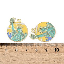 合金エナメルチャーム  ゴールドカラー  自由の女神像のチャームが付いたフラットラウンド  ミディアムターコイズ  26x23x1mm  穴：1.8mm&nbsp;ENAM-V001-02B-G