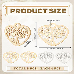 8個2色201ステンレスペンダント  命の木とハート  ミックスカラー  15.5x15.5x1mm  穴：1.8mm  4個/カラー&nbsp;STAS-LP0004-55
