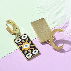 女性用304ステンレススチールエナメルフープピアス  太陽と長方形  ゴールドカラー  ブラック  37x12.5mm&nbsp;STAS-Z105-01G-02