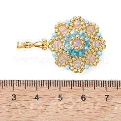 ガラスチャーム  花のチャーム  真鍮製のアイスピック型留め具とシードビーズ付き  ゴールドカラー  多面カット  空色  39mm&nbsp;PALLOY-MZ01326-02