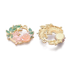 メッキ合金エナメルチャームラック  ラインストーンと樹脂のパヴェ  カドミウムフリー＆ニッケルフリー＆鉛フリー  ライトゴールド  花と猫のチャーム  ピンク  25x28.5x5.5mm  穴：1.8mm&nbsp;ENAM-N056-371KCG-02