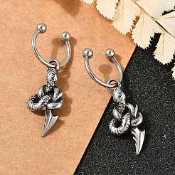 スネーク 316 サージカルステンレススチール ダングル ハーフフープ イヤリング 女性用  アンティークシルバー  32.5x10mm  内径：9.93mm  ピン：1.2mm（17ゲージ）&nbsp;EJEW-G416-50AS